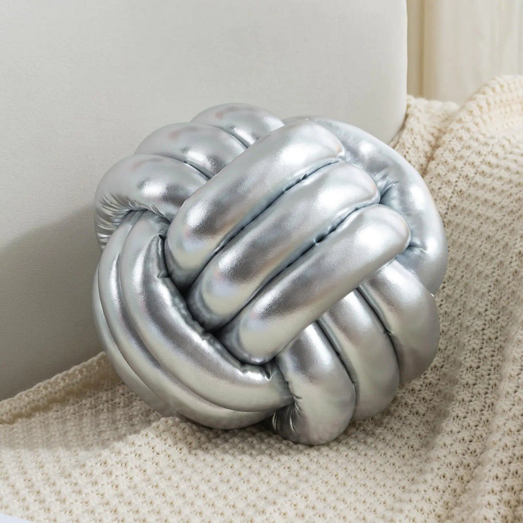 TESICA Soft Knotted Pillow – Handmade Knot Ball Cushion for Sofa, Bedroom & Home Decor – Silver (28×28 cm)